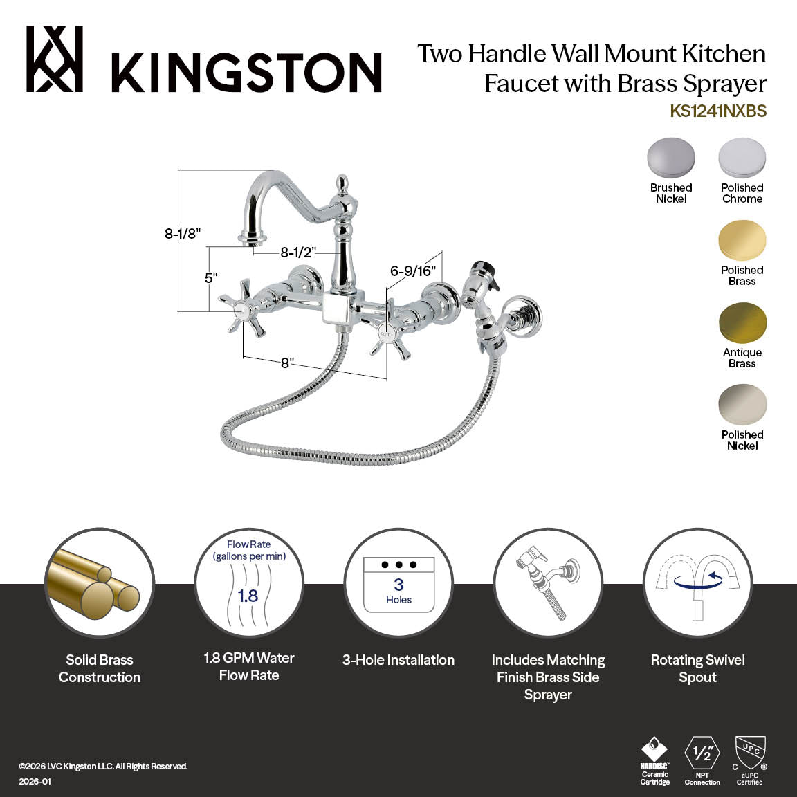 Kingston Heirloom KS1246NXBS - Hamilton Two-Handle 3-Hole Wall Mount Bridge Kitchen Faucet with Brass Sprayer, Polished Nickel — thumbnail 2